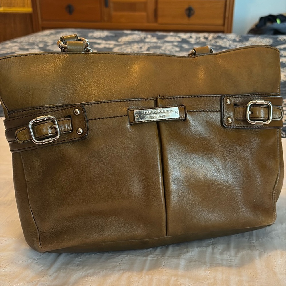 Etienne Aigner Khaki/Sage Color Leather Tote Style Shoulder Bag